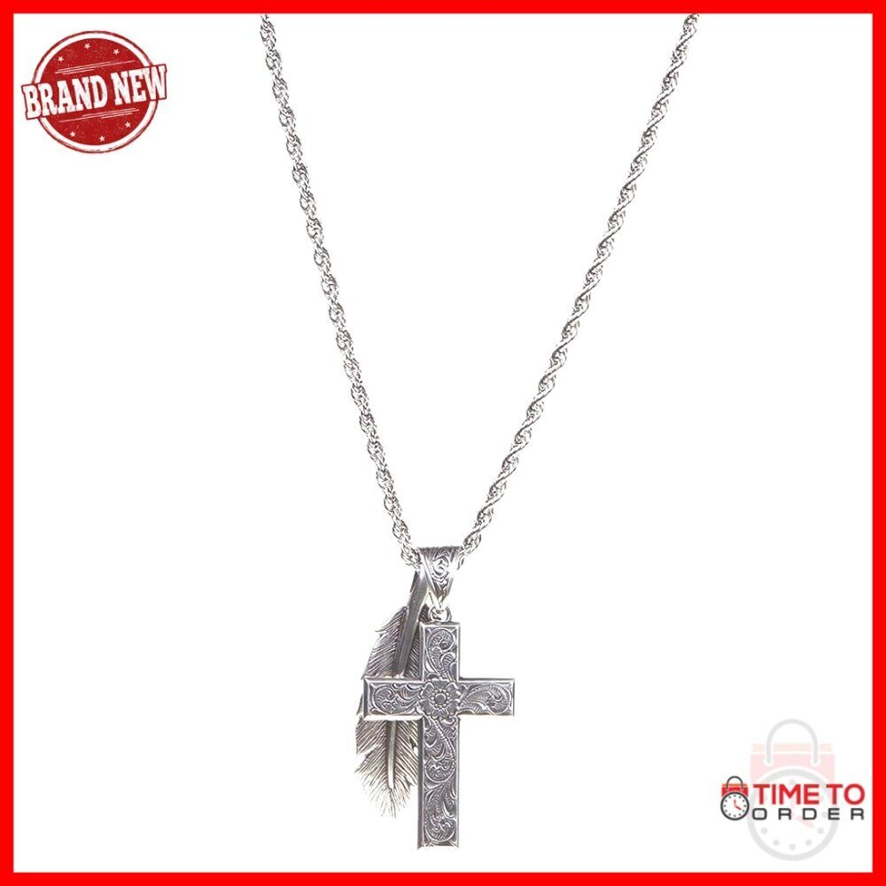 Silver Twister Cross Feather Necklace 24" Chain Western Faith Jewelry